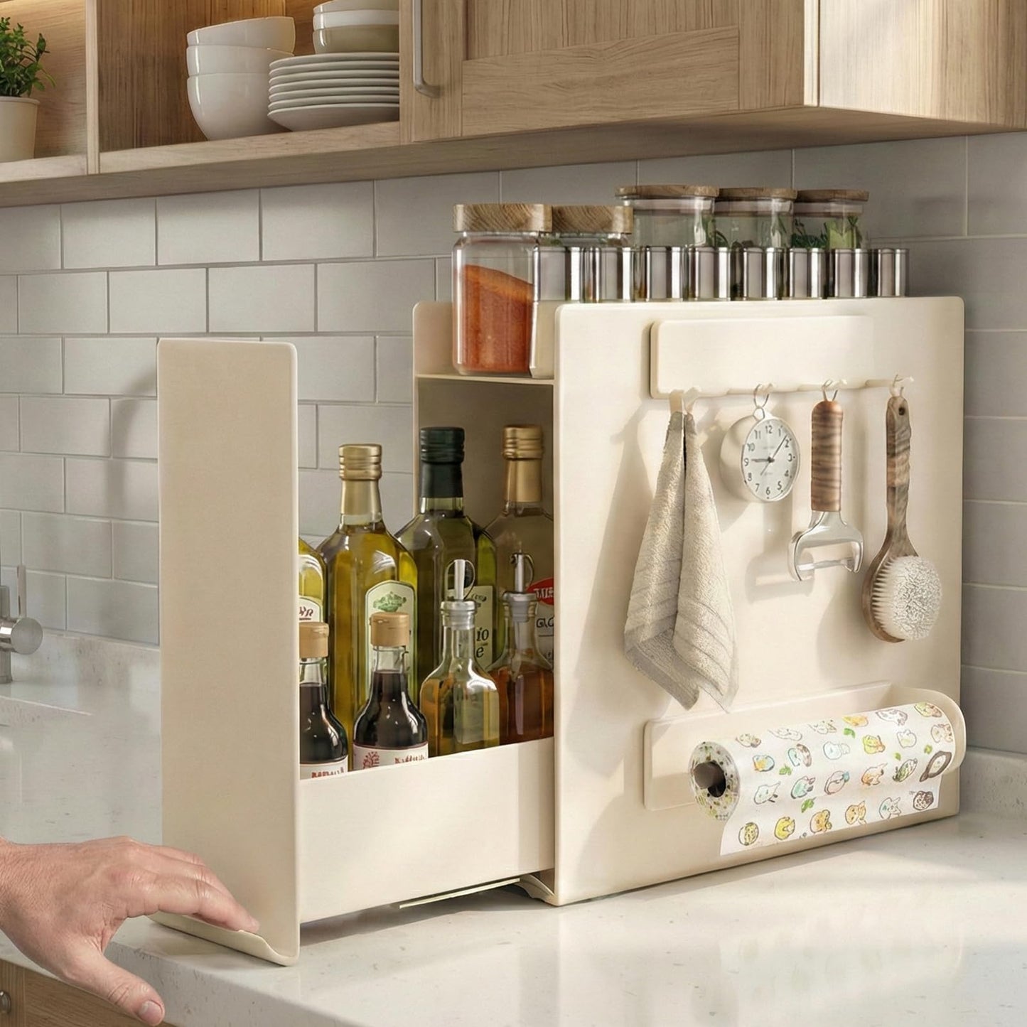 Sharkwave Living 2 Tier No Assembly Pull Out Spice Rack Countertop, Sliding Drawer for Tall Bottles, with Magnetic Panels with Paper Towel Holder and 4 Hooks