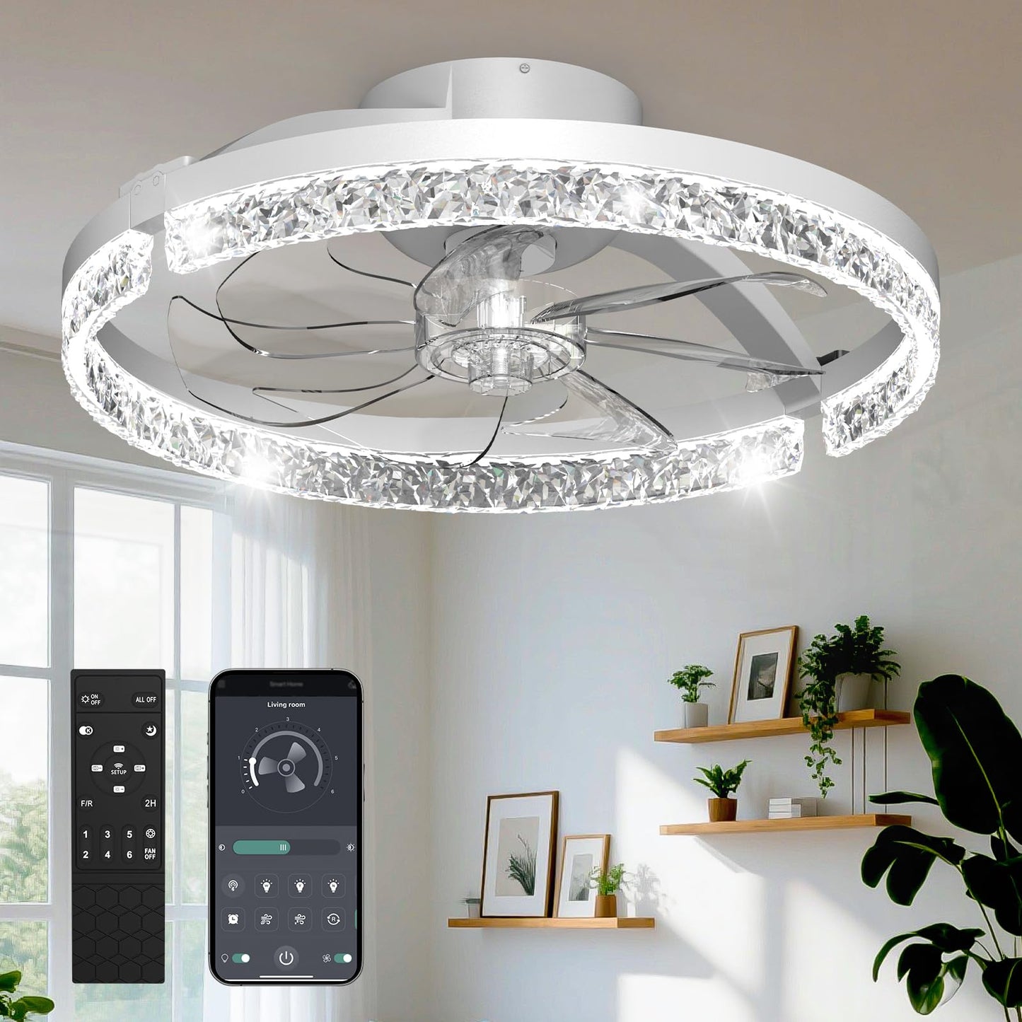 AIKVSXER Ceiling Fans with Lights and Remote, 20'' Low Profile Ceiling Fan with APP Control, 3000K-6500K Dimmable, Quiet Reversible DC, Modern Flush Mount Fandelier for Bedroom (White-Crystal)