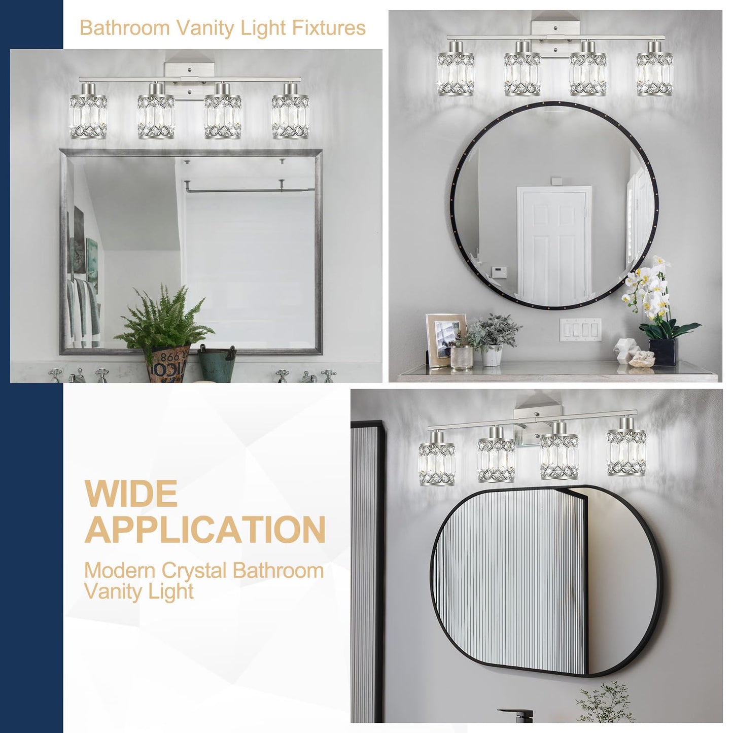 JZEKVN Crystal Modern Bathroom Light Fixtures, 4-Light Brushed Nickel Bathroom Vanity Wall Light, Vanity Lights for Mirror, Restroom, Bedroom (E26 Socket, Bulbs Not Included)