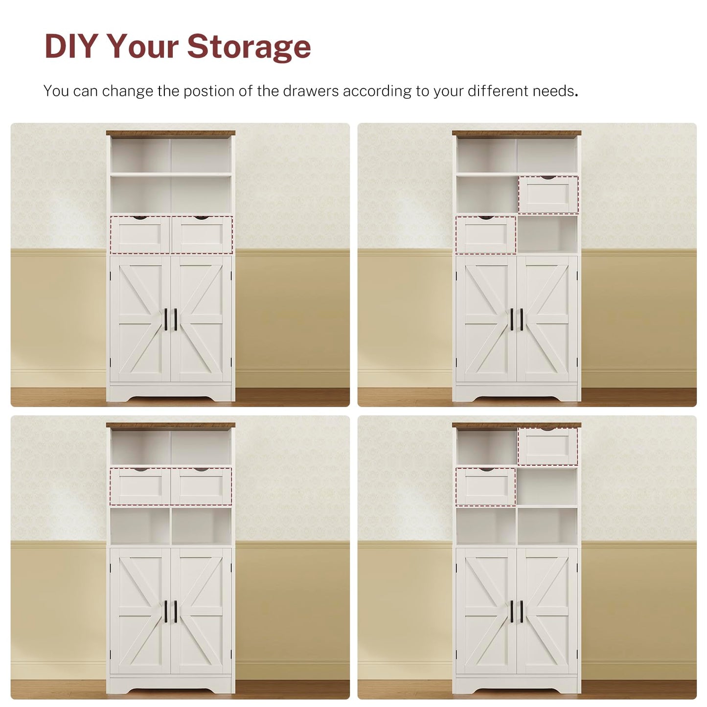 TEENFON Storage Cabinet with Doors & 2 Drawers, Kitchen Cabinet with Adjustable Shelf, Pantry Cabinets, Bathroom Cabinets, for Living Room, Entryway, Home Office, White