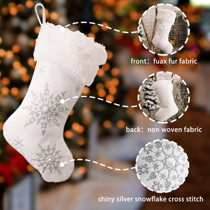 Ushinemi Christmas Stockings Large White Christmas Stocking with Silver Snowflake Cross Stitch, Fur, 2 Pack