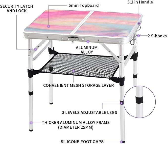 Yriuat Folding Camping Table 2ft Portable Picnic Table Adjustable Height Small