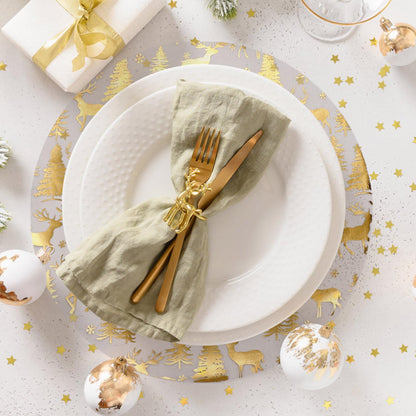 100 Pcs Christmas Placemats 13 Inch Gold Reindeer Mesh Place Mats Disposable Round Cute Elk Snow Forest Xmas Table Mat for Winter Seasonal Holiday Party Decor Kitchen Dining Room Farmhouse Home Decor