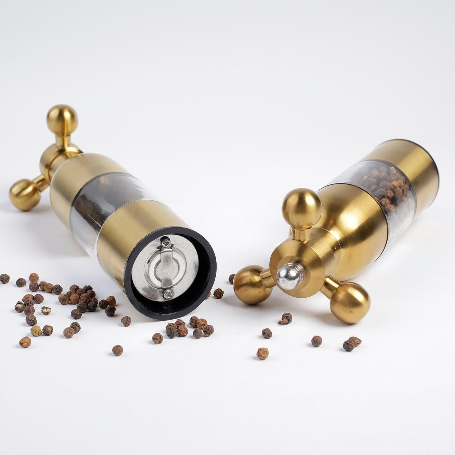 (Gold,2PCS) Salt, Pepper Modern Manual Grinder Set with Solid Handle - Stainless Steel Juego de Molinillo Dorado/Antique Faucet Shakers | Refillable Adjustable Coarseness Mill for BBQ Restaurant, Home