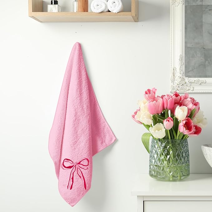 3Pcs Pink Bow Hand Towels Coquette Cotton Embroidered Decorative Towels