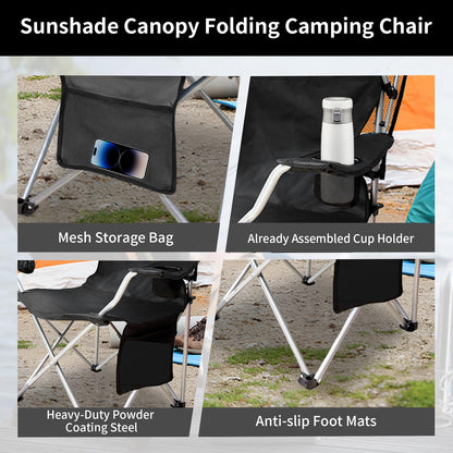 CAMP SOLUTIONS Portable Camping Chair with Canopy Shade- Folding Camping Lounge Chair with Cup Holder & Side Pocket for Outdoor Camping, Fishing, Beach - Support 330 LBS(BLACK-2PK)