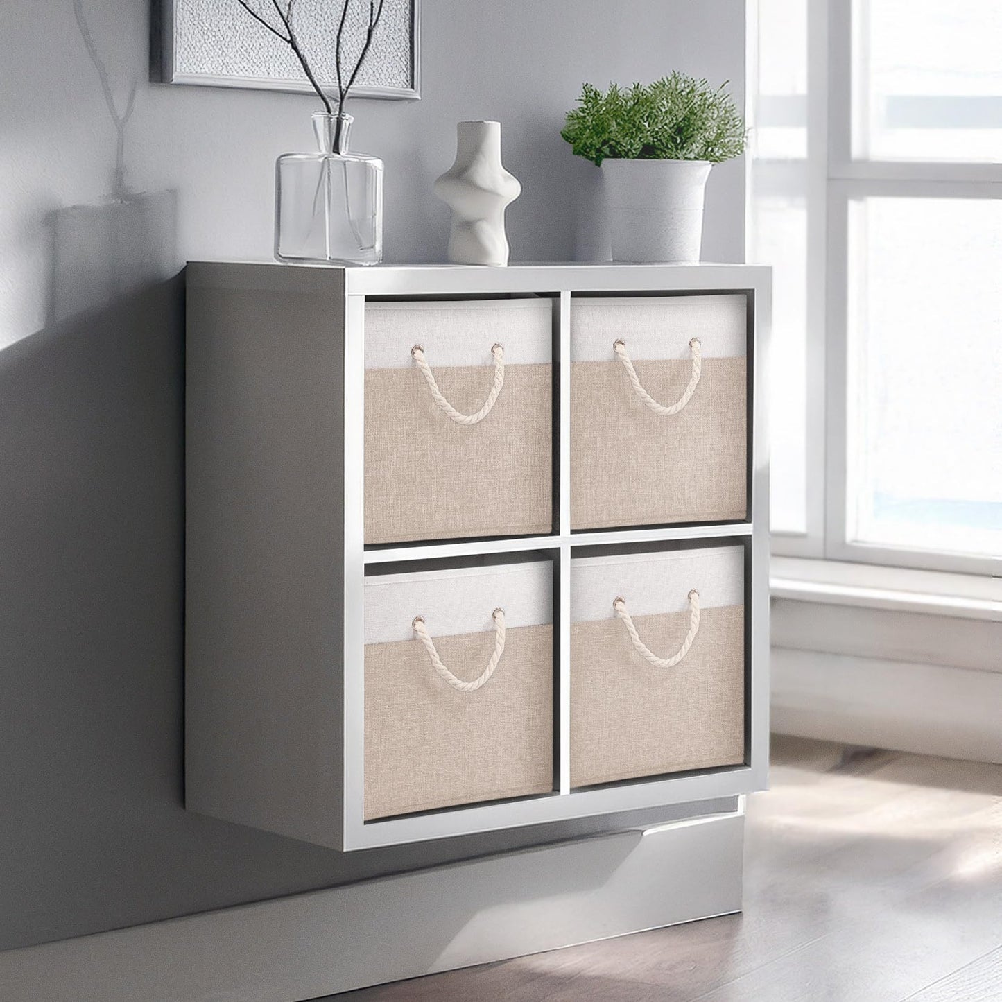 Woodluv Storage Cube Boxes Large, Set of 4 Foldable Storage Basket for Cupboards, Shelves, Closet, Set of 4, Beige, 25 x 25 x 25 cm