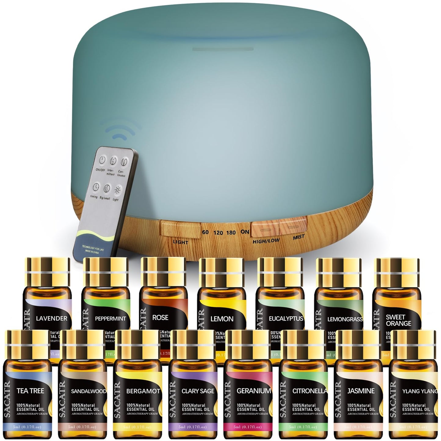 SACATR Essential Oil Diffusers for Home with 36 Oil Diffuser Sets, 500ml Aroma Diffuser for Essential Oils Large Room, Ultrasonic Cool Mist Diffuser Auto Shut-Off 4 Timers 15 Colors (36x5mL)