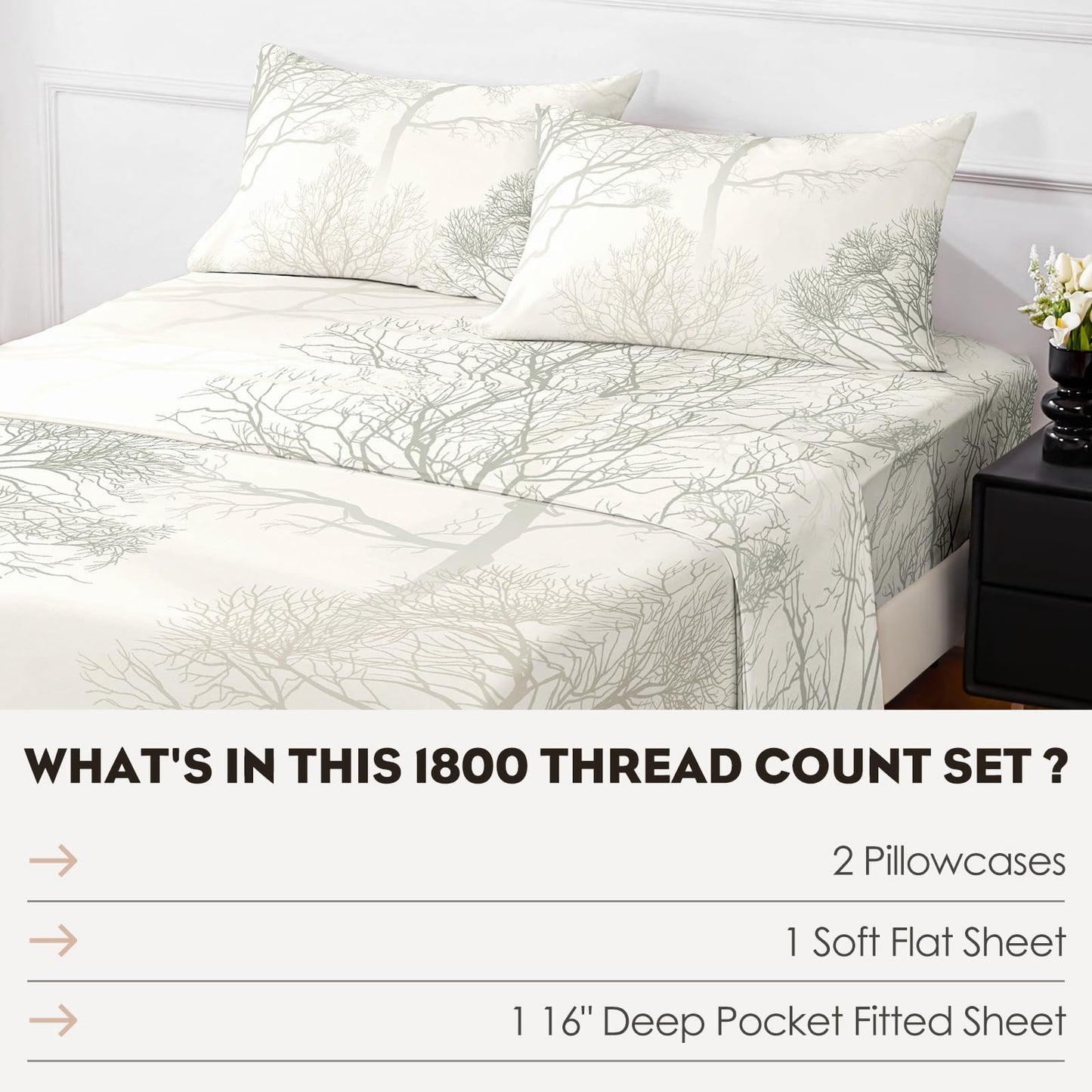 HCORA Floral Queen Sheet Set, Luxury 1800TC Hotel Quality Double Brushed Microfiber Deep Pocket Bed Sheets, Ultra Soft, Breathable and Cooling, 4PC, Queen Size