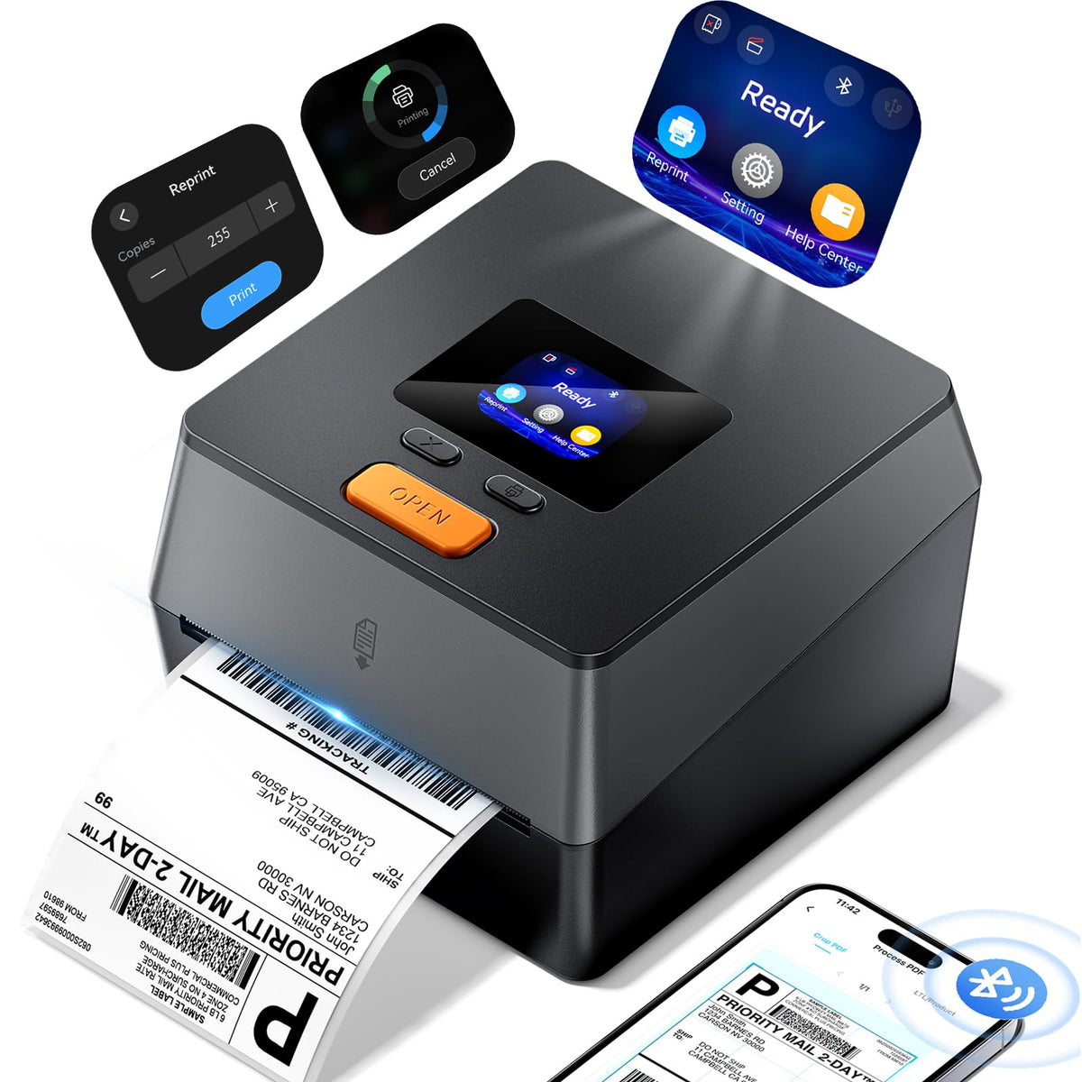 Phomemo Shipping Label Printer with Touchable Screen, 4x6 Bluetooth Thermal Label Printer with Built-in Label Holder, D420D Thermal Printers for Small Business, Compatible with USPS, Tiktok, Amazon