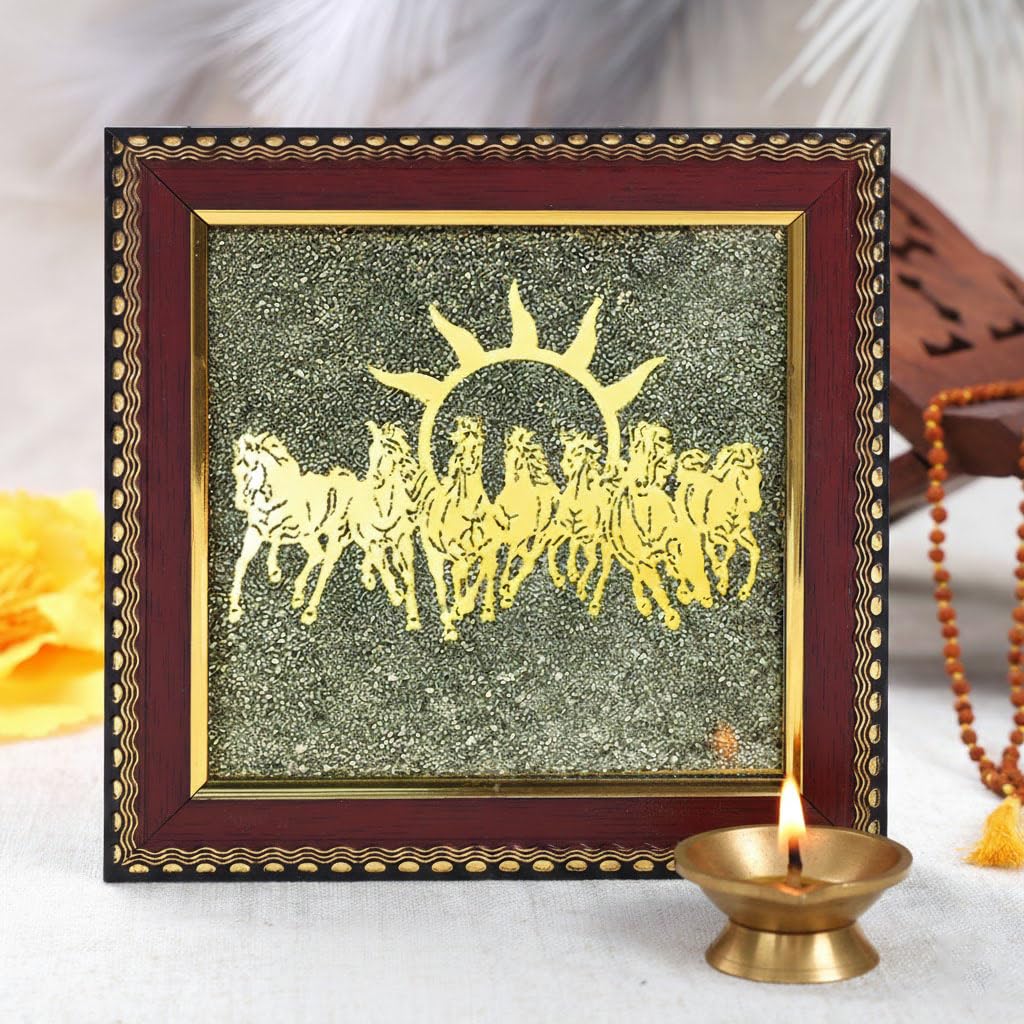 SATVIK 7 Horses on Raw Pyrite Frame – Natural Raw Pyrite Crystal Decorative Frame with Wooden Base – Seven Running Horses Motif for Home & Office Décor