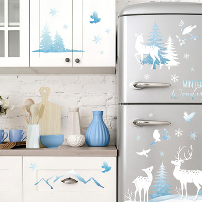 Yovkky Christmas Window Clings 4 Sheets, Winter Wonderland Snow Deer Elk Stickers Decals Decor, Xmas Tree Snowflakes Reindeer Holiday Home Kitchen Decorations
