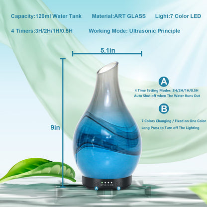 MAXWINER Essential Oil Diffusers Ultrasonic 3D Glass Aromatherapy Diffuser, Auto Shut-Off, Timer Setting, 7 Colors LED Lights Changing for Home, Office, Spa 120ml