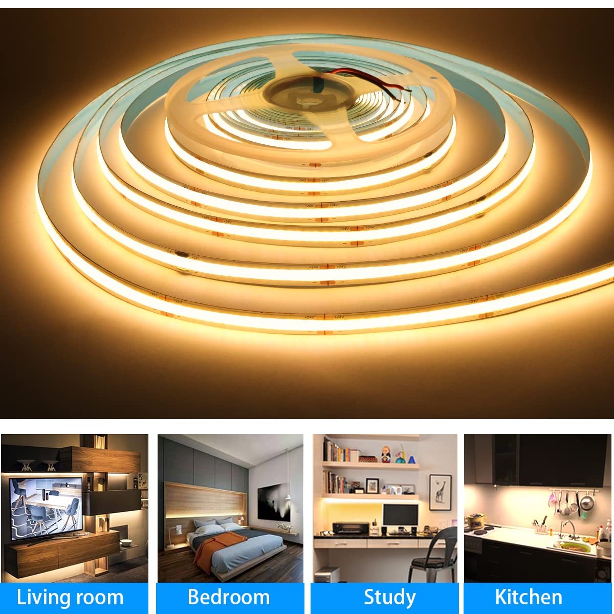 Tesfish LED Strip Lights 24V, Band COB Warm White 3000K 16.4ft 320 LEDs/M Total 1600 LEDs Flexible Neon Light Strips for Party, Counter, Shelf, Home Decor