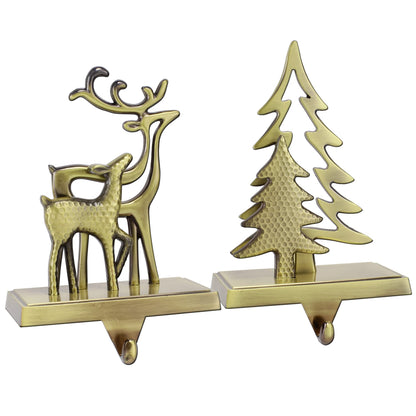 WeddPtyFr Christmas Stocking Holders for Mantle Set of 2 Christmas Stocking Hangers for Fireplace Anti-Slip Mantel Hanger Hooks for Stocking Hanging Ornament Firepiece Xmas Decor (Tree and Reindeer)