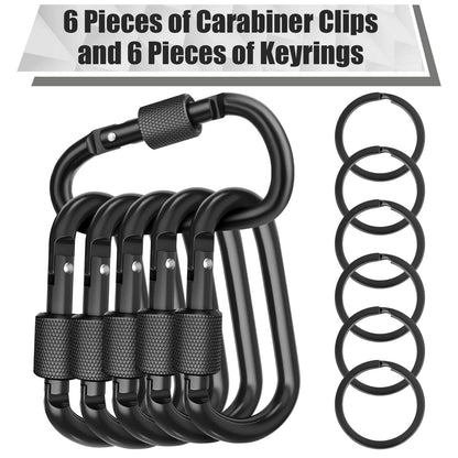 Cridoz Carabiner and Keyring Set, 6 PCS Metal D Ring Carabiner Clips with 6PCS Heavy Duty Key Rings for Keys, Bottles, Backpacks (Black)