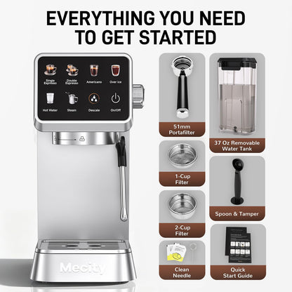 Mecity 20 Bar Espresso Machine with Milk Frother, Touchscreen Coffee Maker for Espresso, Americano & Over Ice Coffee, Compact Stainless Steel Latte & Cappuccino Maker