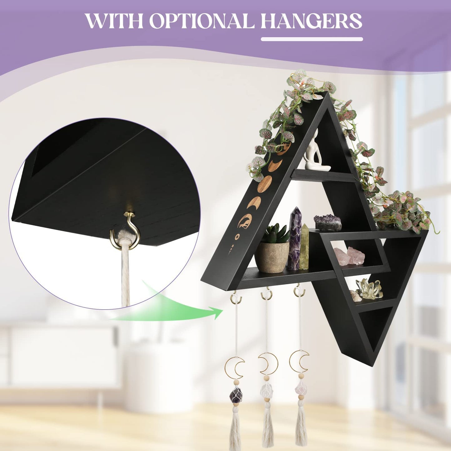 ANROYE Moon Phases Triangle Shelf with Hooks, Wiccan Black Wood Crystal Shelves for Storage Women Jewelry Gem Stone, Pagan Pyramid Geometrical Decor Holder Display for Altar Meditation