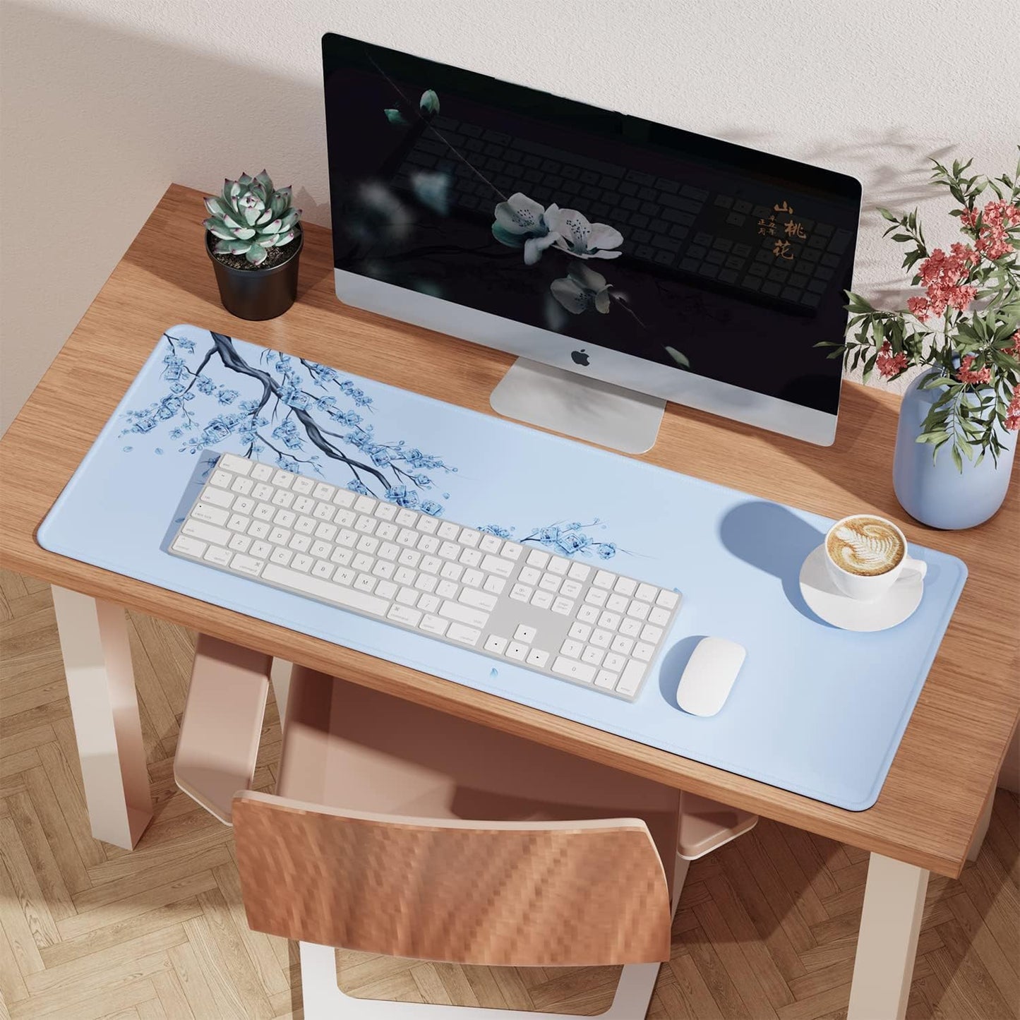 EFISH Japanese Plum Blossoms Mouse Pad (31.5 × 11.8 × 0.12 inch) Extended Large Mouse Mat Desk Pad, Stitched Edges Mousepad,Non-Slip Rubber Base,Gaming Mouse Pad XL