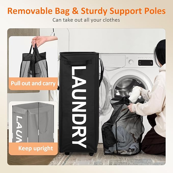 Laundry Basket with Wheels, 90L Rolling Laundry Hamper with Wheels, Large