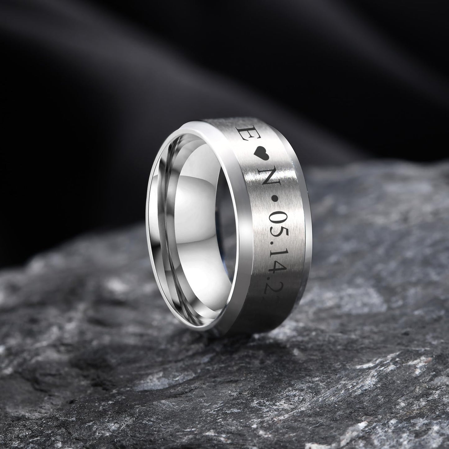 VNOX Customize Personalized Name Date LOVE 8MM Stainless Steel Simple Matte Brushed Finish Wedding Band Engagement Rings for Men Women,Size 7,Silver