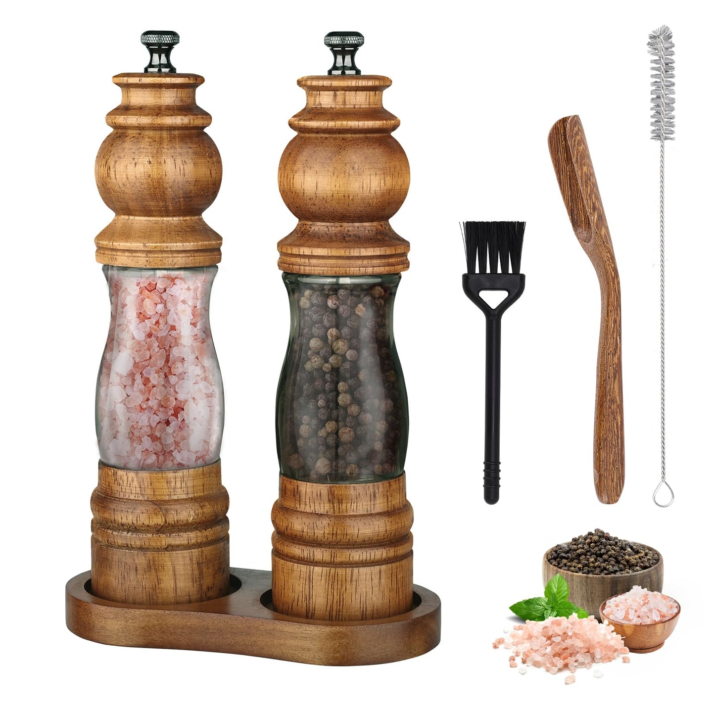 Foyucool Wooden Salt and Pepper Grinder Set with Wooden Tray and Spoon, 8 Inch Manual Salt and Pepper Mill, Adjustable Coarseness, Refillable with Ceramic Core for Spices, Clear Acrylic Chamber