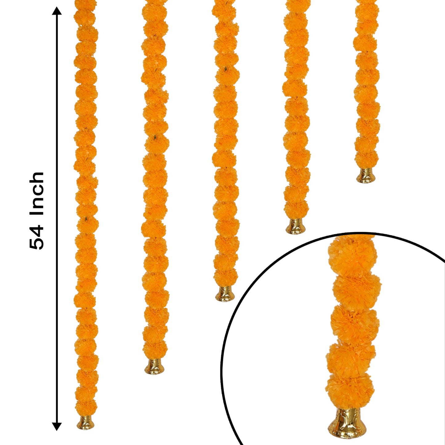 Marubhumi 5-PC Artificial Marigold Flower Garland – 4.5 Feet Long Strands with Bells | Mango Color | Diwali, Wedding, Home, and Christmas Décor