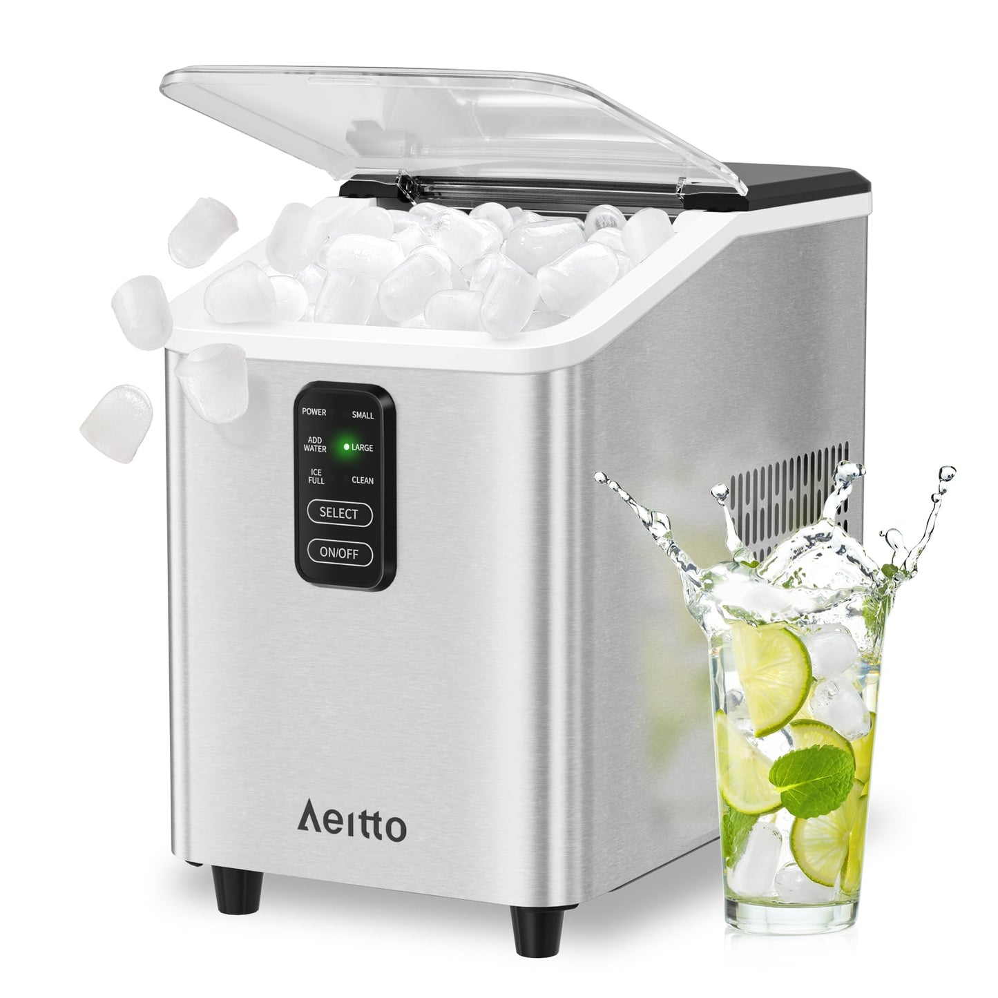 Aeitto Ice Maker Countertop 26lbs/24H, 8 Ice Cubes 2 Sizes of Bullet Ice Ice Machine Ready in 6 Mins, Portable Ice Makers with Basket & Scoop, Auto Self-Cleaning for Home/Kitchen/Office Stainless