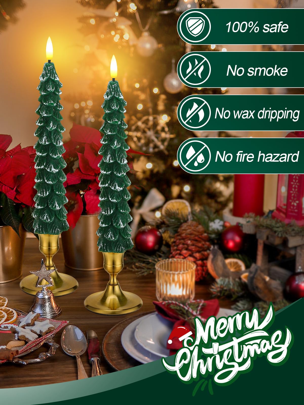 Beeplove 3 Pack Christmas Tree Candles with Remote- Real Wax Flameless Taper Candles, 9.7in Green Candlesticks Battery Operated for Home Table Metal Xmas Holiday Indoor Decorations Gifts