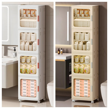 BUMODEL 4-Tier White Slim Storage Cabinet and 4-Tier Beige Slim Storage Cabinet with Doors and Adjustable Shelves