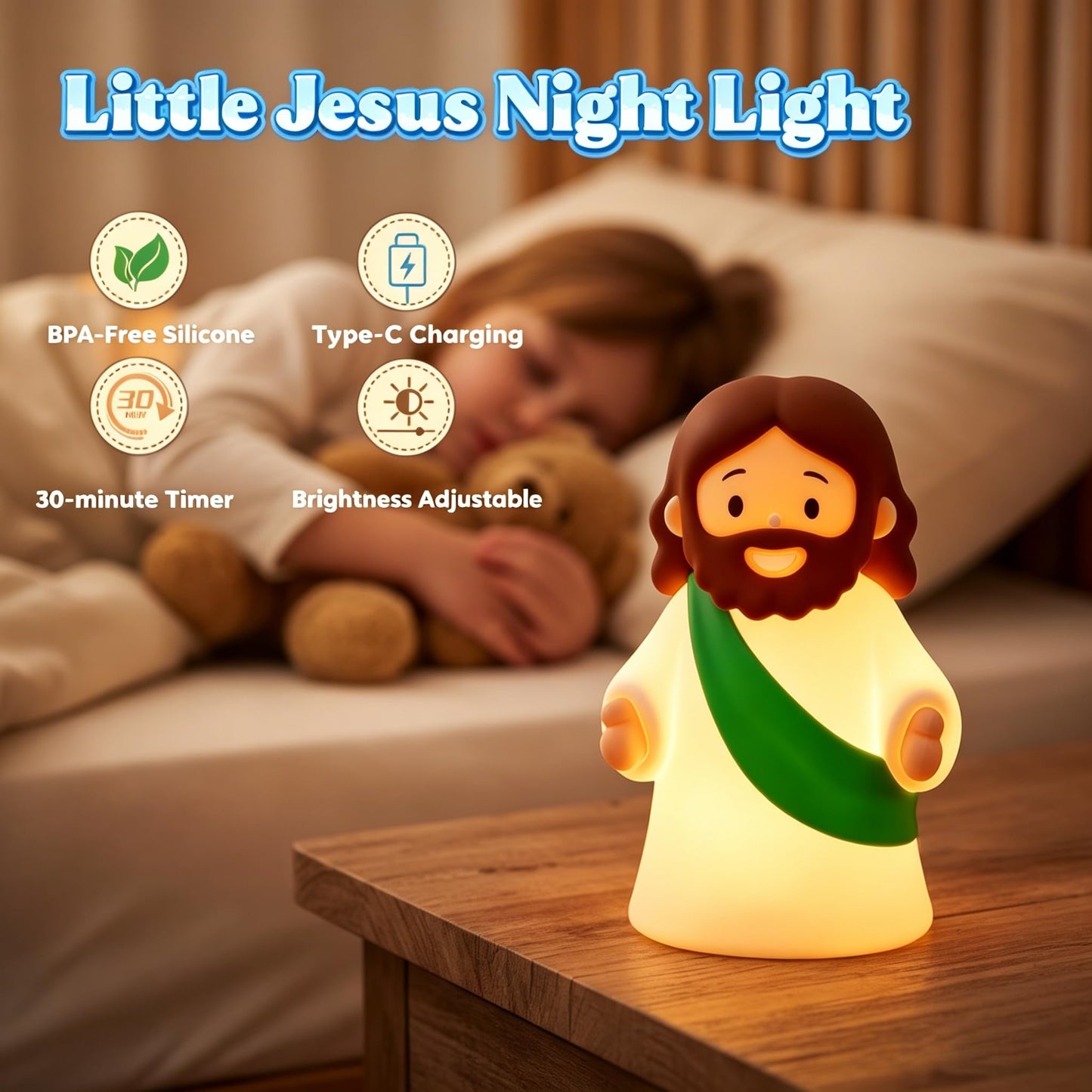 magical JD Little Jesus Night Light, Mini Silicone Jesus Lamp, Dimmable Rechargeable Touch Bedside Lamp for Nursery & Kids, Ideal Religious Gift for Christmas, Easter and Baptism (Green)