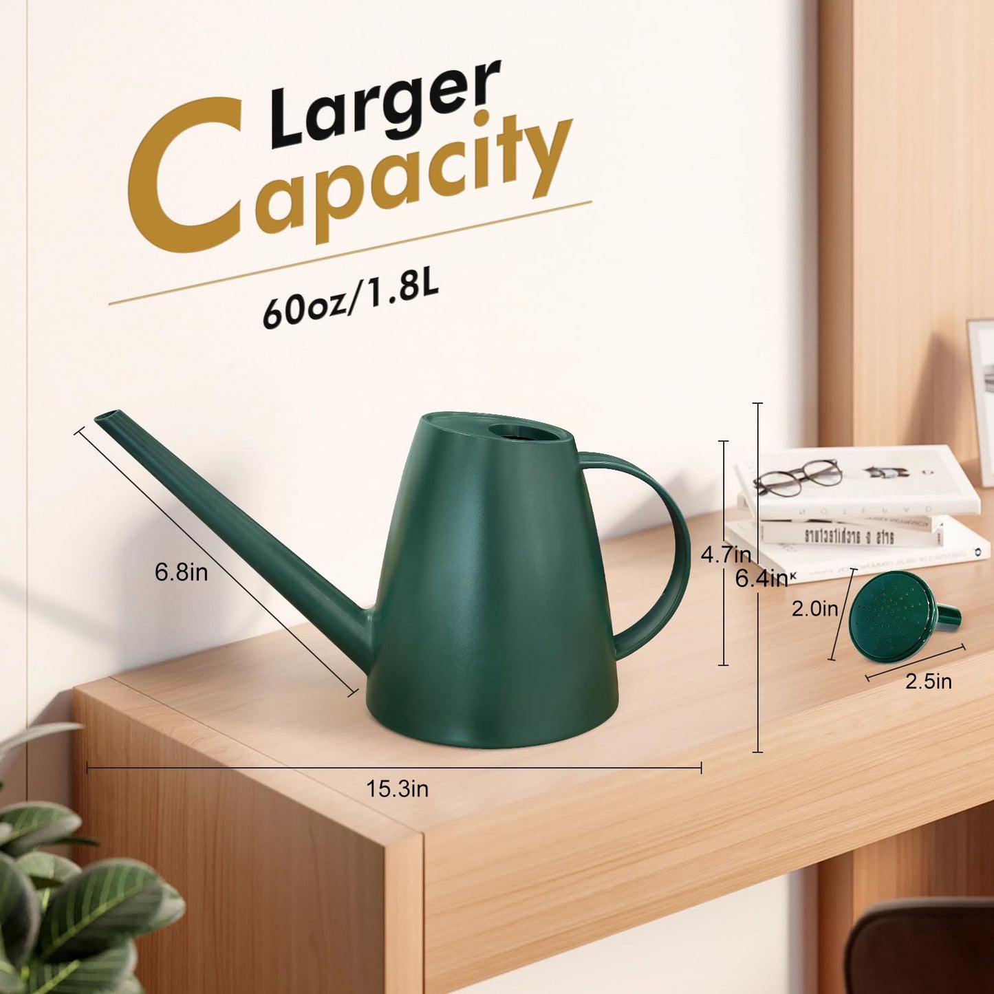 Watering Can for Indoor Outdoor Plants, Modern Small Watering Cans with Removable Nozzle, Long Spout Watering Can for Indoor Bonsai Plants Garden Flowers 1/2 Gallon 1.8L 60OZ (Dark Green)