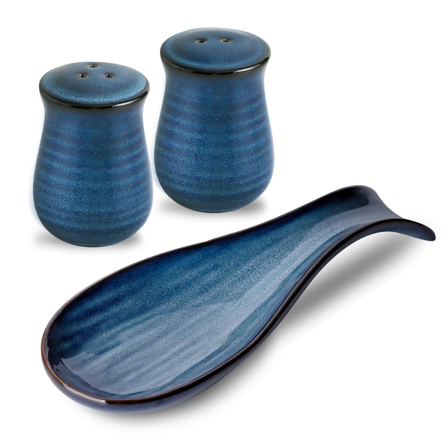 Hasense Salt Pepper Shakers and Spoon Rest 3 in 1 Set, 2 Pieces Navy Reactive Glaze Dinnerware Accessories Set Perfect for Home Decor, Kitchen Housewarming, Ceramic Utensil Rest Set Farmhouse Decor