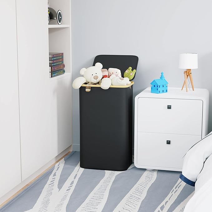 SUOCO Laundry Basket with Lid, 29 Gal Clothes Hamper with Bamboo Handles