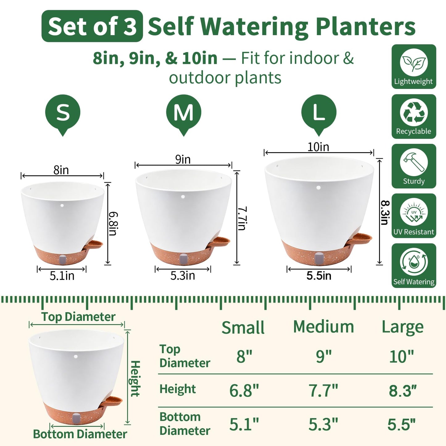 Heyfriday 3 Pack 8/9/10 Inch Hanging Self Watering Pots for Indoor/Outdoor Plants with Deep Reservoir,Drainage Holes,Water Level Indicator,Modern Decorative Flower Pots with Removable Hooks(White)