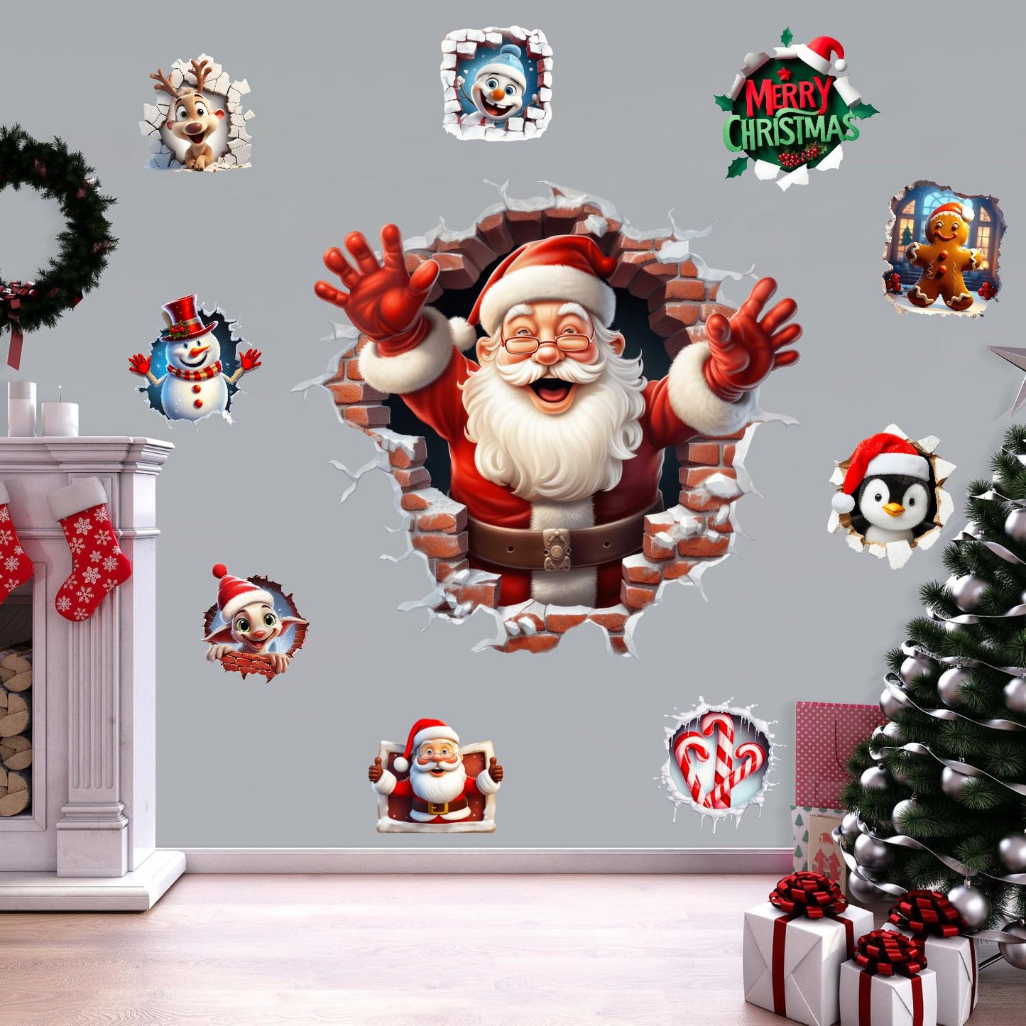 XUOIAYNB Large 3D Santa Claus Christmas Wall Stickers,Snowman Gingerbread Man Reindeer Candy Vinyl Wall Decals, Removable Winter Holiday Xmas Break Through Wall Art for Kids Bedroom Playroom Decor