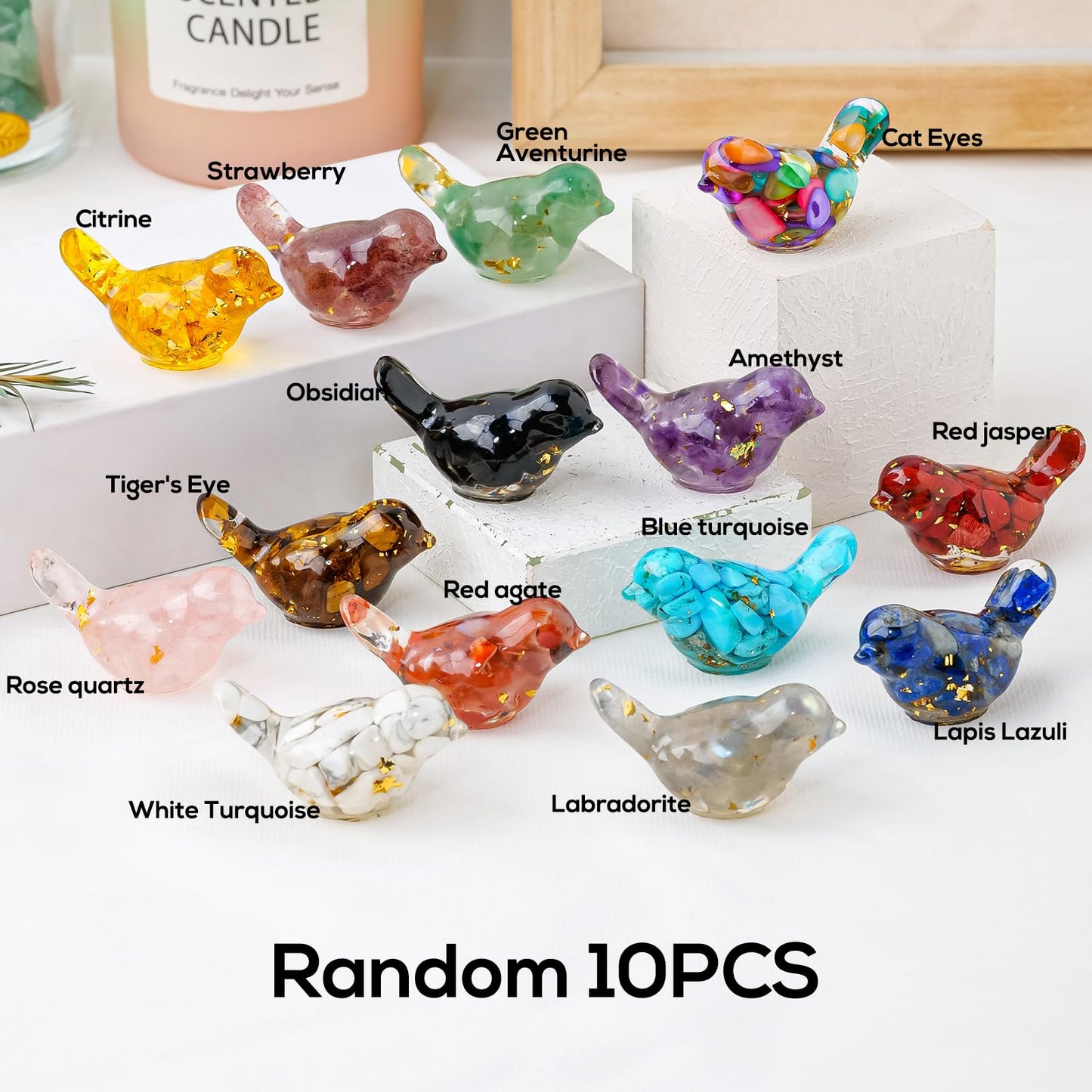 RJINGSHI 10PCS Crystal Bird Figurines Resin Animal Statues Decorative Gravel Birds Decor Animal Figurines for Home Decor Unique Bird for Teens