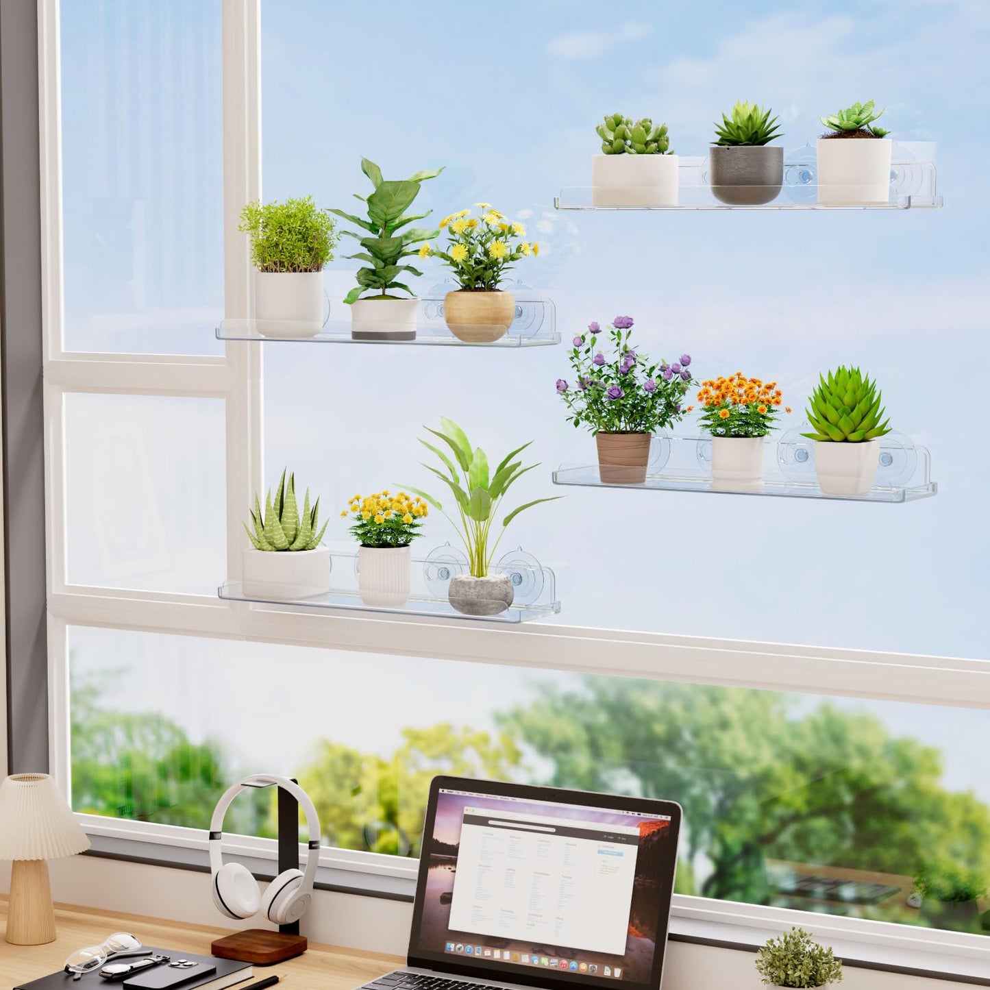 Lifewit Window Plant Floating Shelves 14.6x3.6, 2 Pack Acrylic Suction Cup Shelf, Window Sill Extender for Indoor Succulent Plants, Micro Greens, Seed Starter Pots, Herb Planters 37 x 9 cm/14.6x3.6