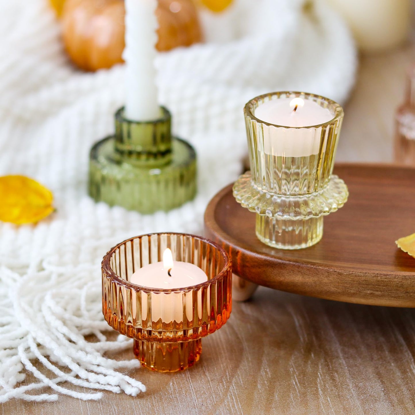 SYFURNIX Brown Candlestick Holders 12PCS Ribbed Glass Taper Candle Holders Set for Tealight Candlestick Candles, Table Centerpieces for Thanksgiving Christmas Farmhouse Decor Indoor and Outdoor