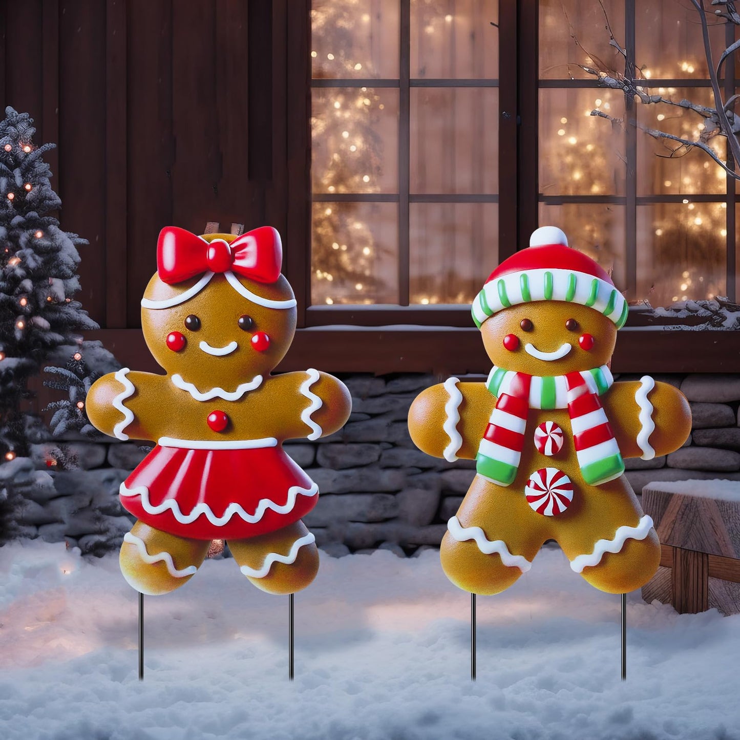 Memorywuu 2 Pack Christmas in July Yard Stakes Metal Stakes 3D Boy and Girl Yard Sign Christmas Outdoor Decorations for Outside Holiday Xmas Winter Ornament Lawn(Classic Gingerbread Man Couple)