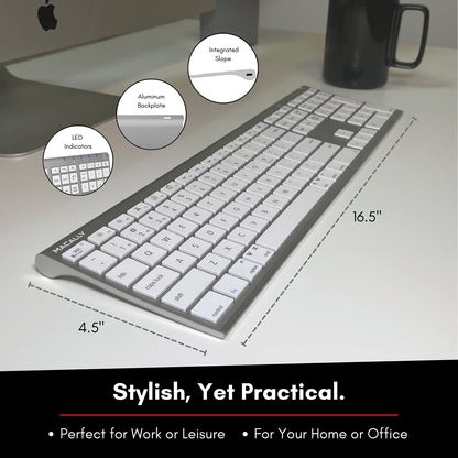 Macally Wireless Bluetooth Keyboard for Mac - Compatible Apple Keyboard or MacBook Pro/Air, iMac - Multi-Device, Up to 3 Devices with 110 Keys, 20 Shortcuts, Numeric Keypad, and Rechargeable - Silver