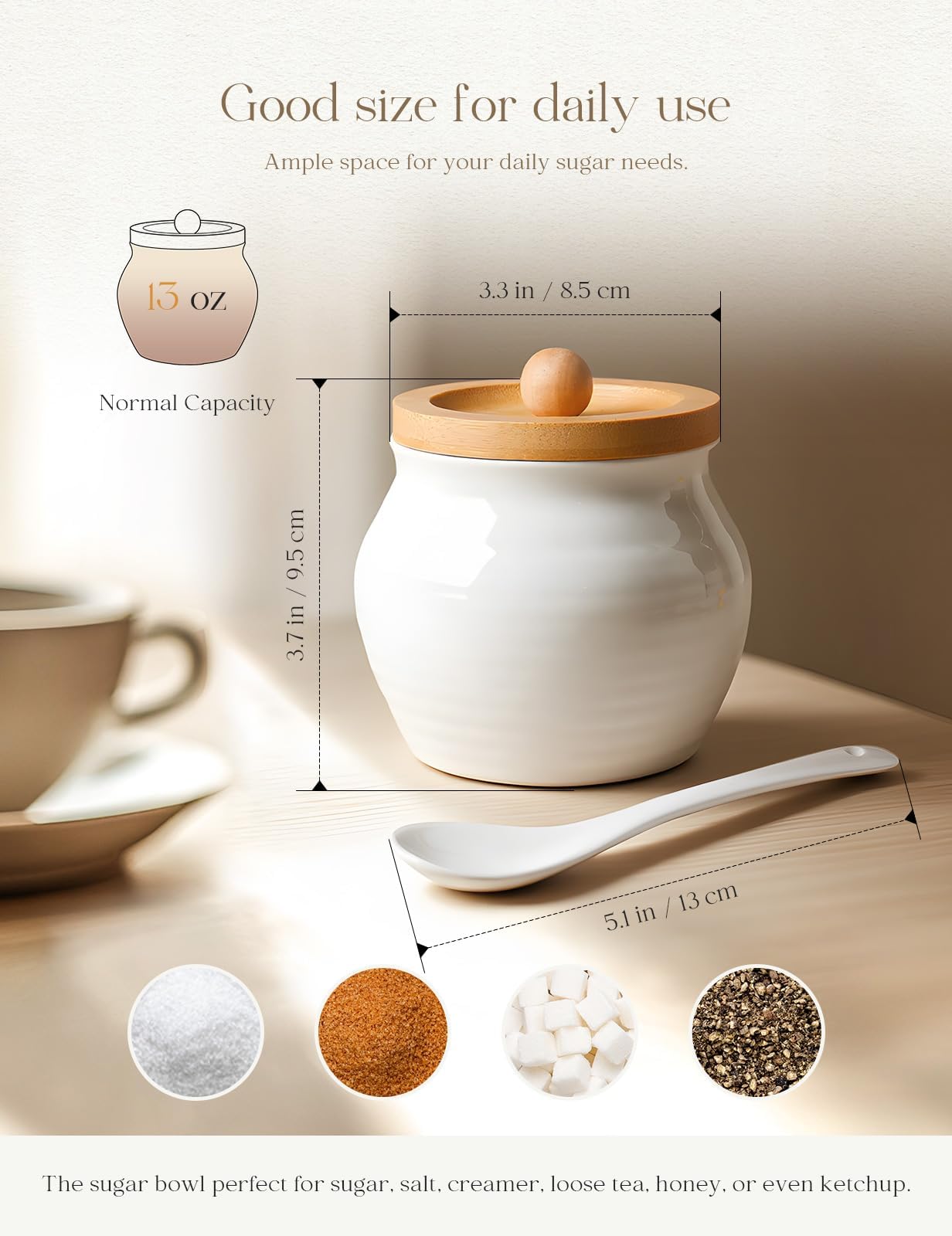 AISBUGUR Sugar Bowl with Lid and Spoon: 13oz Sugar Jar with Bamboo Lid,Ceramic Sugar Container for Coffee Bar - Countertop,Kitchen Decor (White)