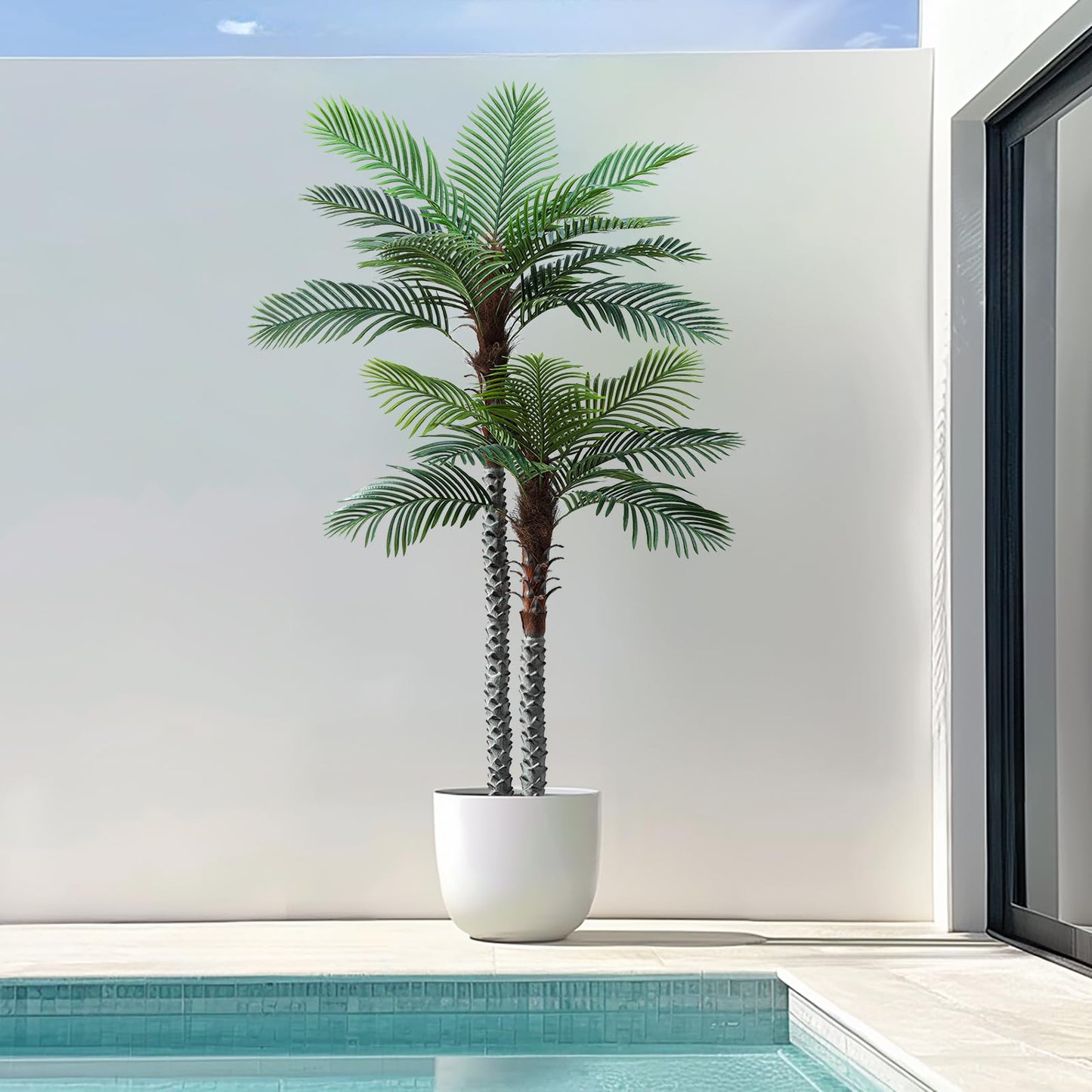 Nafresh 8ft Tall UV Resistant Faux Palm Tree, 96in Artificial Palm Tree Indoor Outdoor, Fake Tree with Real Bark and Realistic Leaves and for Home House Office Living Room Yard Patio.