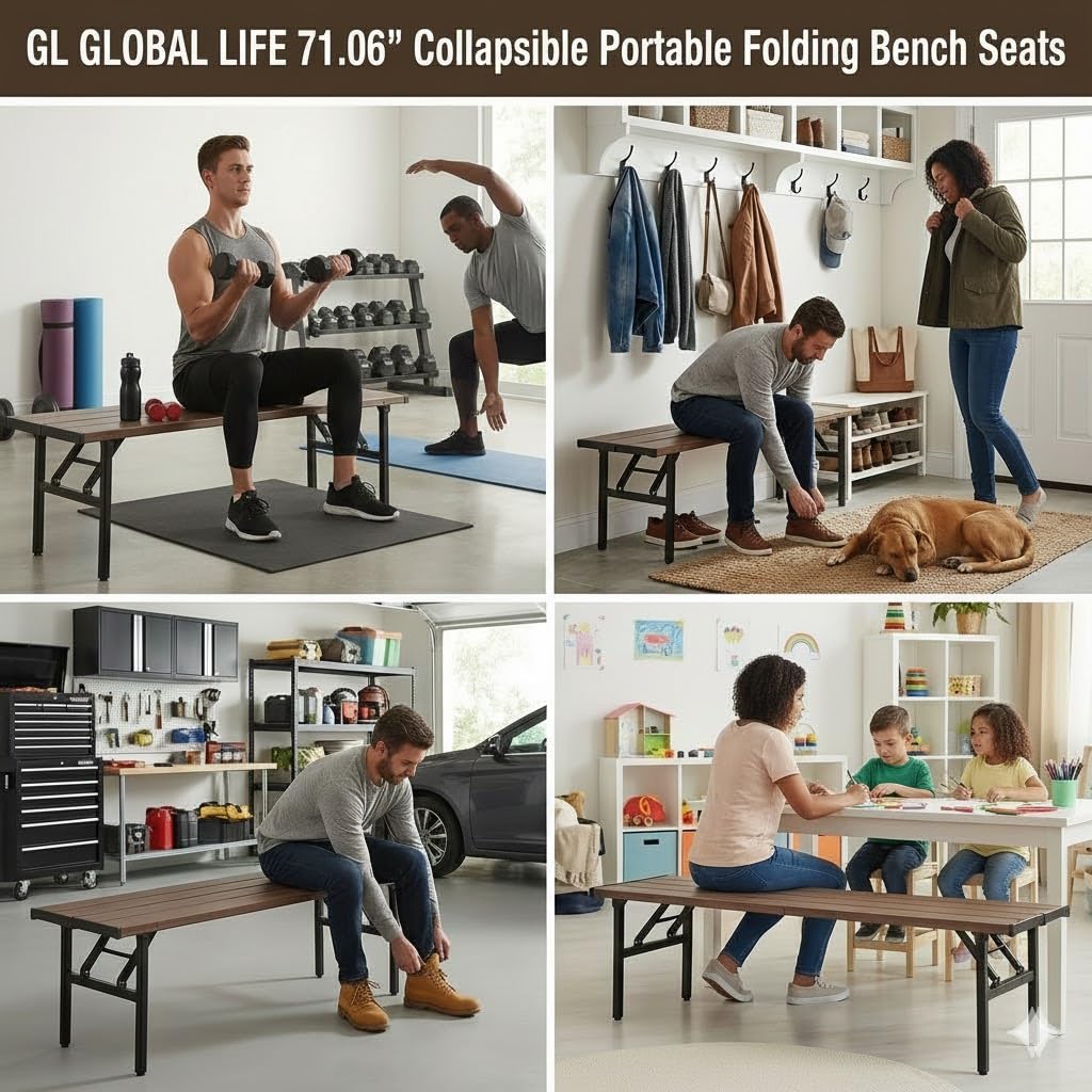 GL GLOBAL LIFE Collapsible Portable Picnic Table Benches, Folding Benches Seat for Outside Seating, Soccer, Sports Team Bench, Beach, Sideline, Camping, Foldable Bench Iron Tubes, Brown-71.06"