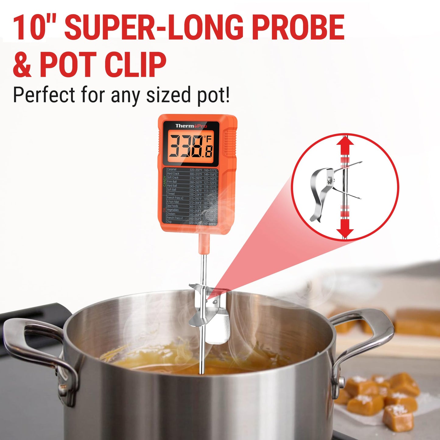 ThermoPro TP510 Waterproof Digital Candy Thermometer with Pot Clip, 10" Long Probe Instant Read Food Cooking Meat Thermometer for Grilling Smoker BBQ Deep Fry Oil Thermometer