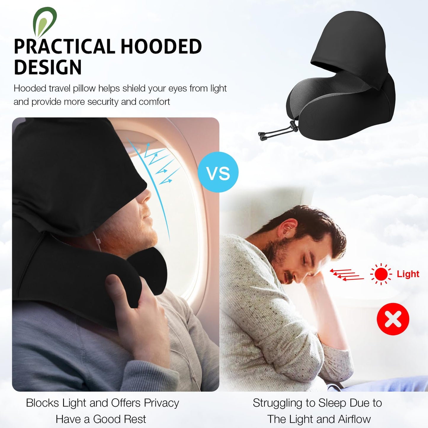 Jiancrate Travel Pillow for Neck Memory Foam, Hooded Travel Neck Pillow for Adults, Comfortable Neck Pillow for Travel with Hoodie, Flight Pillow, Airplane Pillow, Travel Cushion for Plane Car Train