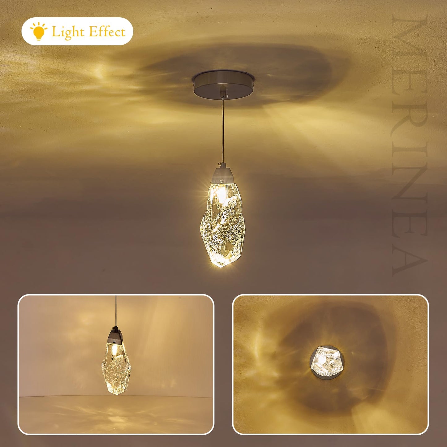 MERINEA Brushed Nickel Crystal Pendant Light with Prism K9 Crystals, Modern LED Kitchen Island Hanging Light Fixture Adjustable Single Pendant Chandelier for Dining Room, Bedroom, Bathroom, Bar