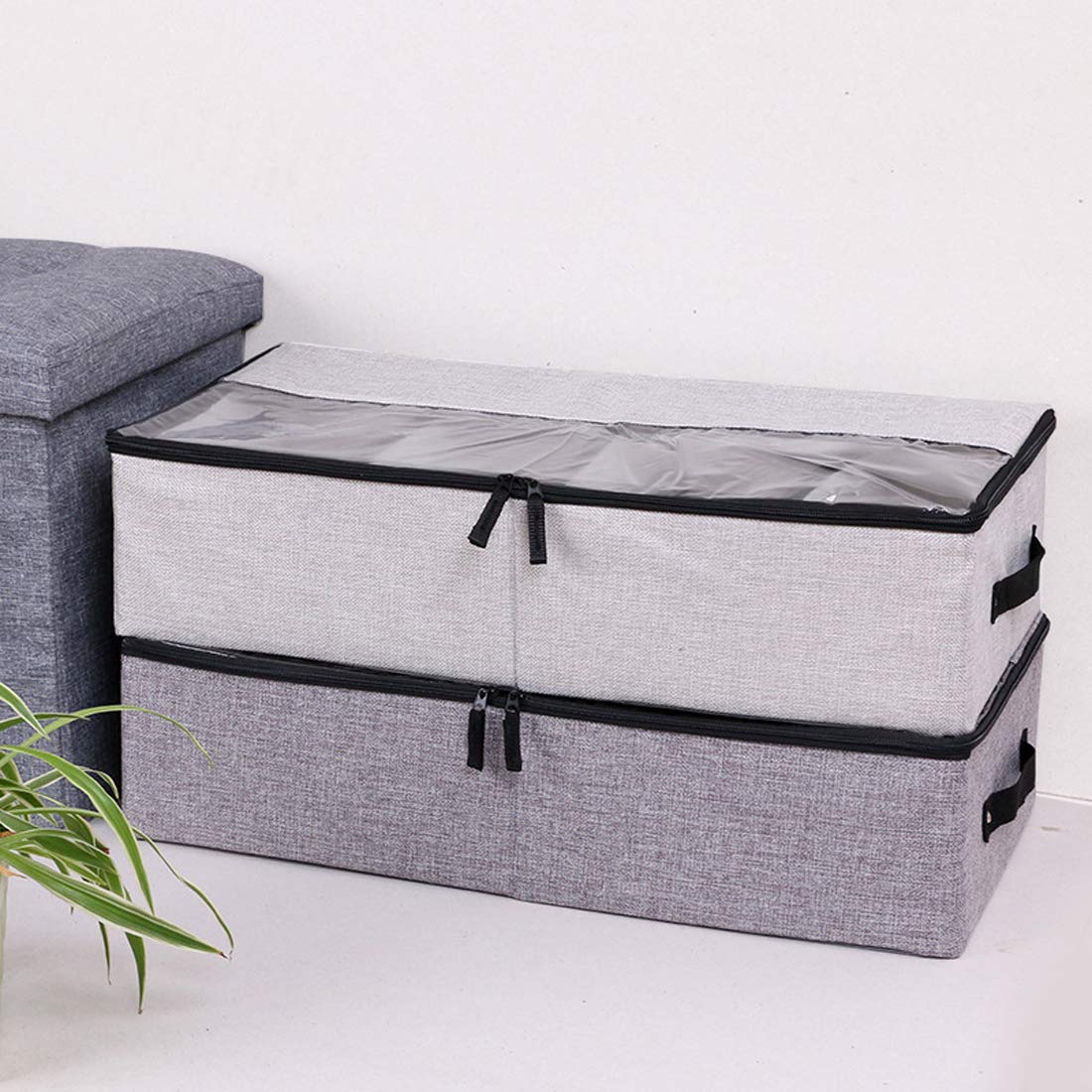 AARAINBOW 2 Packs Foldable Under Bed Clothes Organizer with Lids, Underbed Storage Container with Adjustable Dividers, UnderBed Storage Bins with Handles and Clear Window (Gray+Light Gray)