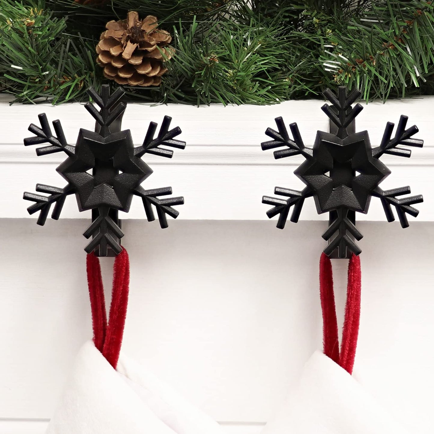 Haute Decor MantleClip Stocking Holders with Removable ZINC Alloy Holiday Icons (2-Pack Snowflake, Black) - Christmas Stocking Hanger for Mantels up to 3 inches Thick