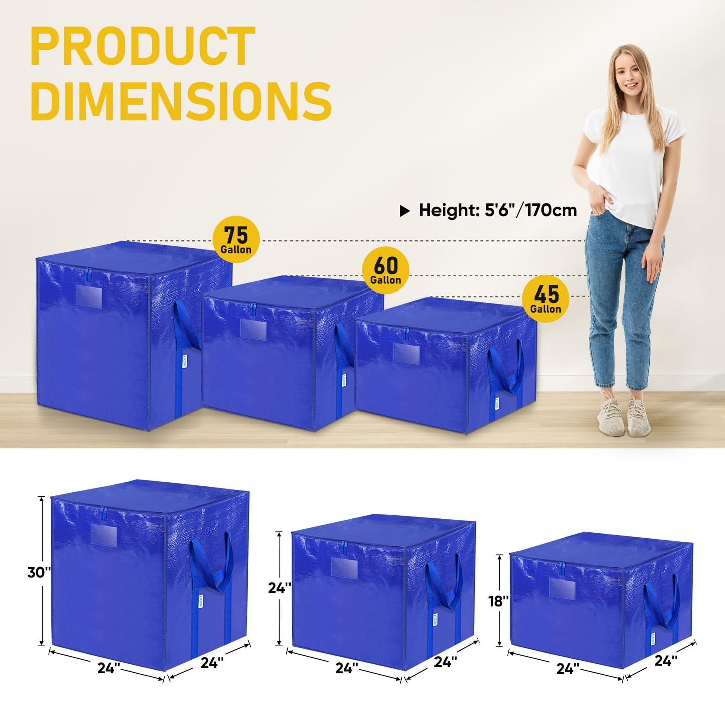 TICONN 2 Pack Extra Large Moving Bags with Zippers & Carrying Handles, Heavy-Duty Storage Tote Moving Boxes for Space Saving (2 PK, 45 Gallon)